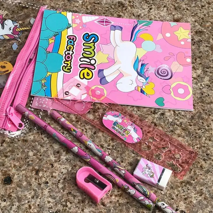 

7 Pcs/set Cute Dream Unicorn Pencil Case+Ruler+Pencil+Eraser+Booklet+Pencil Sharpener Stationery Set Children Gift Stationery