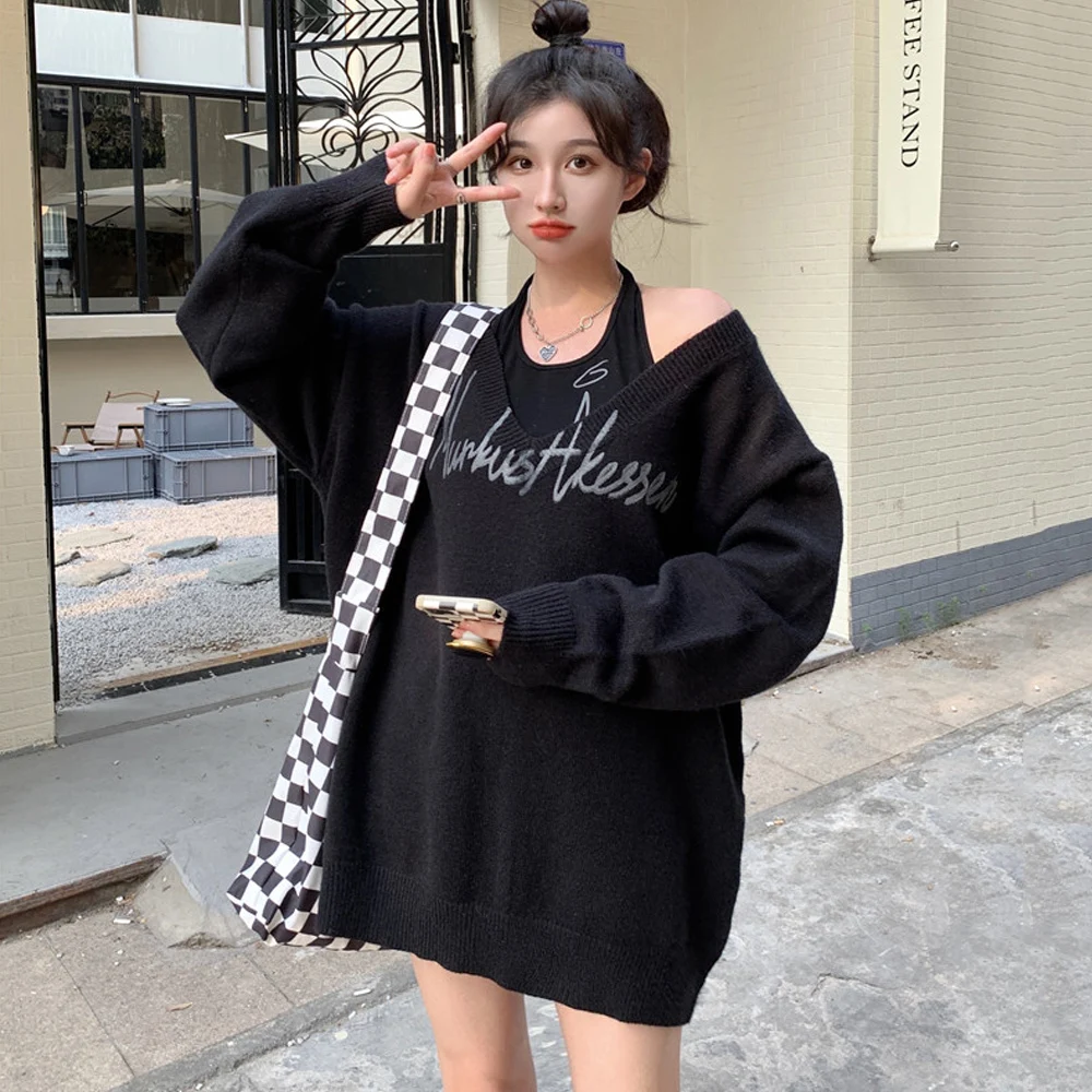 

Имитация двух частей женские свитера осенний мягкий женский модный свободный свитер с принтом Универсальный пуловер вязаный свитер Топы