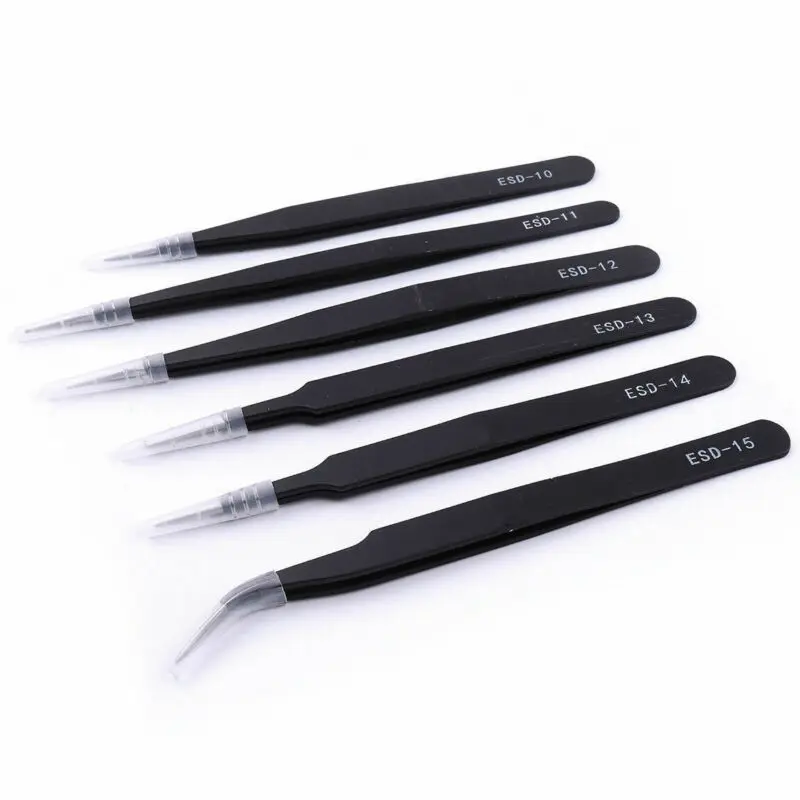 

6X Non-magnetic Steel Fine Curved Tip Tweezers Forceps Anti-static ESD SMD chips