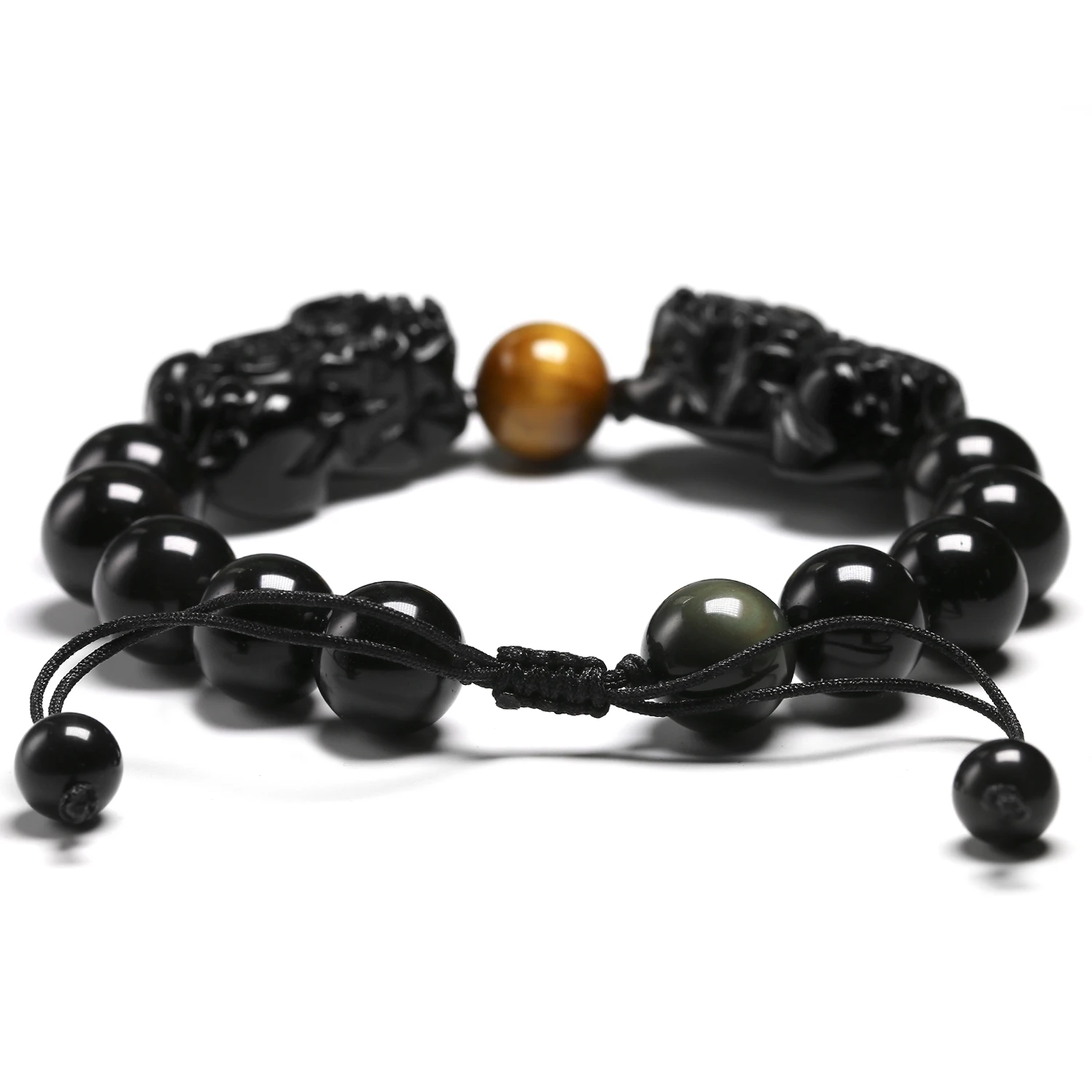 Браслет из натурального камня черного обсидиана с тигровым глазом и двойным Pixiu