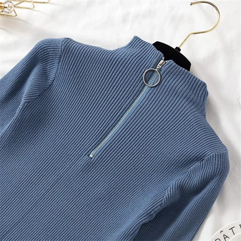 Женский короткий свитер на молнии с высоким воротником и длинным рукавом