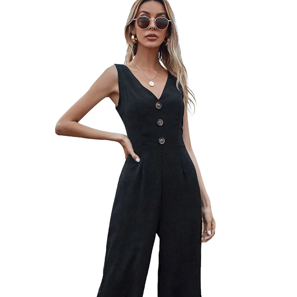 

Black Chiffon Jumosuits for Women 2021 Summer Sleeveless Button Up V Neck Ladies Casual Loose Slim Vintage Overalls Bodysuits