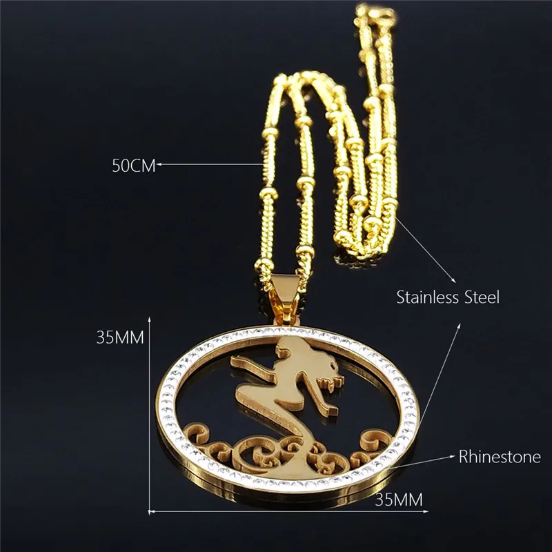 

Mermaid Round Stainless Steel Crystal Charm Necklaces Women Gold Color Necklaces Jewelry bijoux acier inoxydable femme NXS03
