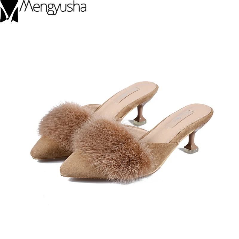 Мюли женские с острым носком бархатные туфли-лодочки на тонком высоком каблуке