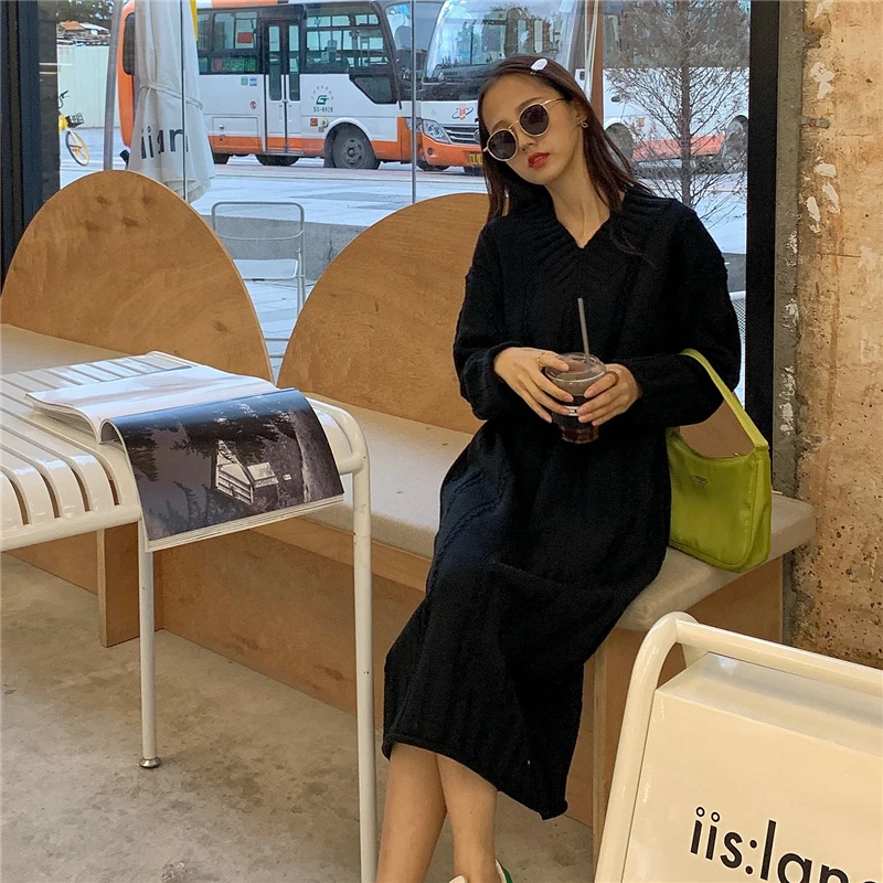 

Make firm offers more han edition chic v-neck long money loose hair dress female backing over-the-knee knitted dress