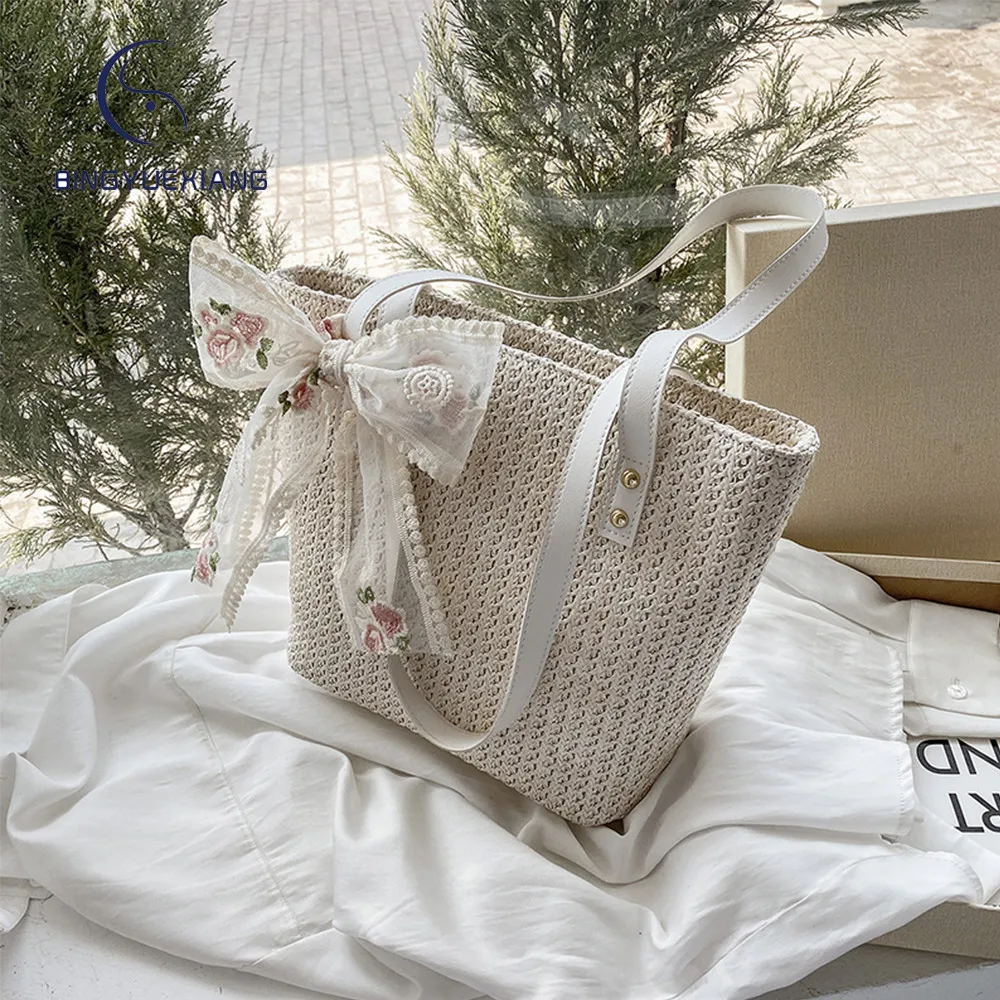 

2021 New Women's Straw Woven Bag Fashion Ribbon Design Ladies Shoulder Bag Casual Solid Color Women Tote Bags Bolsos De Mujer