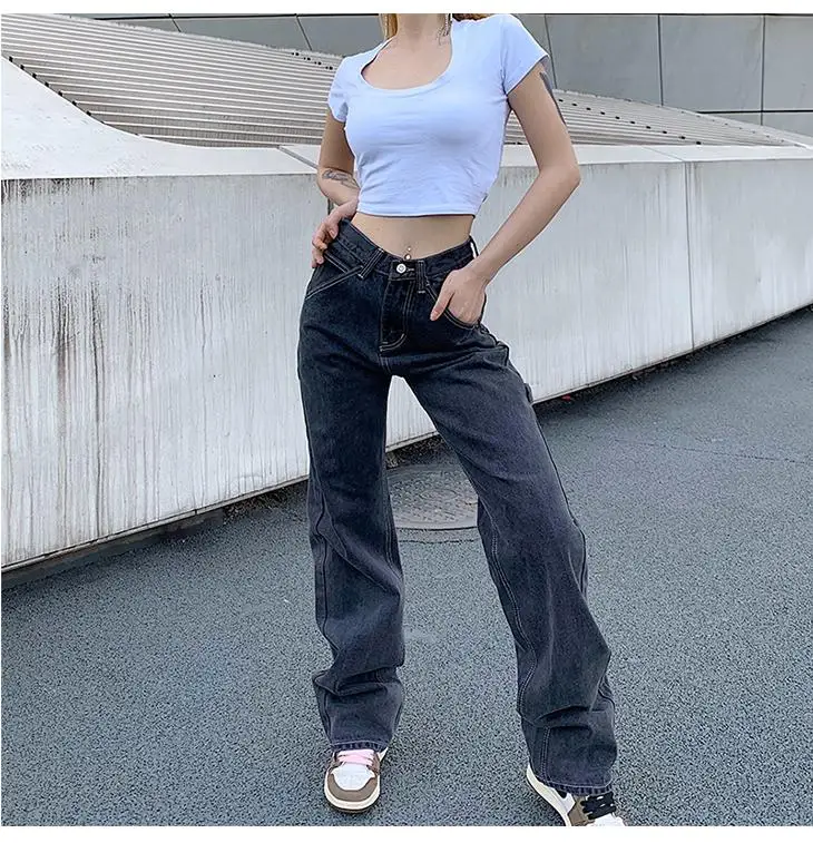 

Street High Waist Straight Jeans Women Were Thin And Loose Casual Wide Leg Pants Fashion Boyfriend Style Denim Girlfriend Pants