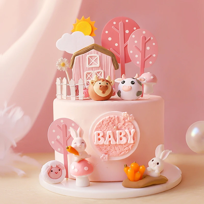 

Happy Farm pink cow and bull rabbit sheep pig Cake Topper for birthday Children's Day Party Supplies Lovely Gifts