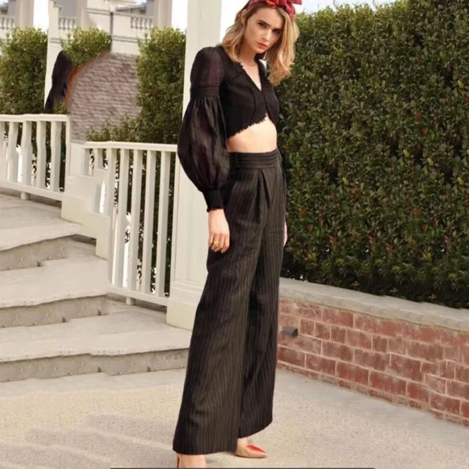 

2020 Autumn Fashion New Leisure Vacation Set Sexy V-Neck Long-Sleeved Short Top + Wide-Leg Trousers Party 2 Two-Piece Suit