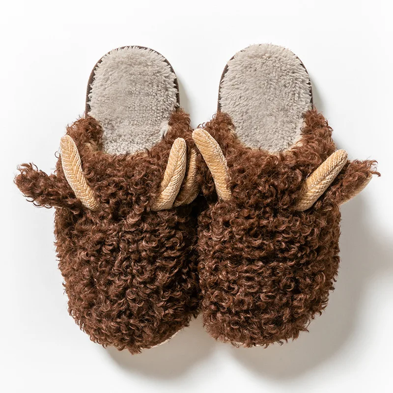 2021 Cute Deer Horns Furry Shoes for Women Men Cartoon Home Slippers Plush Warm Fluffy Slippers Maternity Slippers Flats