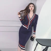 women elegant stripe splice 2 piece set korea chic autumn winter temperament v knitted cardigan high waist midi bodycon skirt
