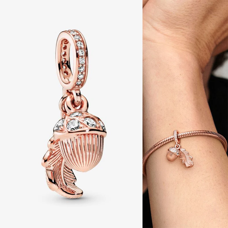 

925 Sterling Silver Charm Rose Gold Acorn And Falling Leaves Pendant Fit Pandora Women Bracelet & Necklace Diy Jewelry