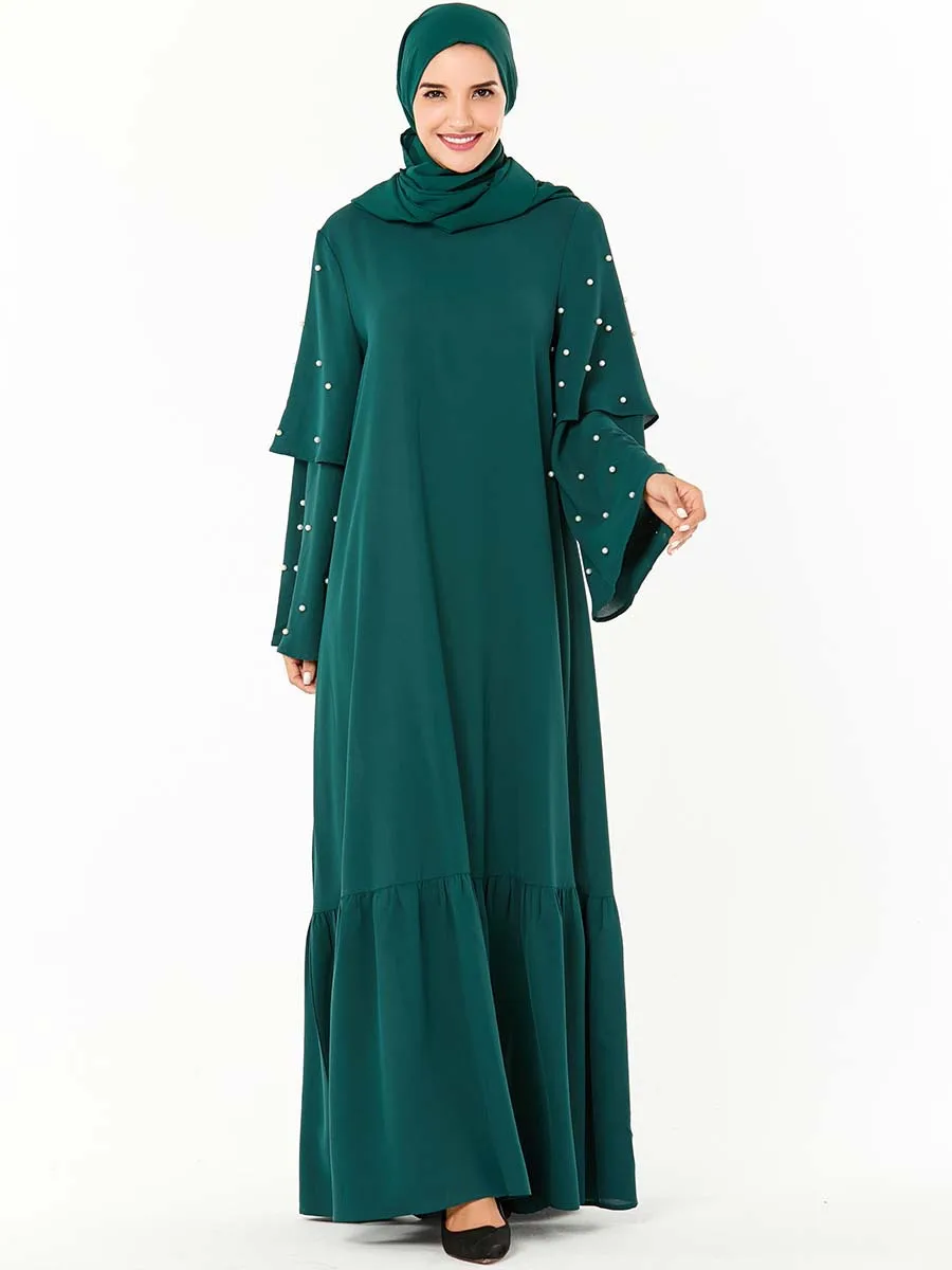 Платье Abaya женское с оборками и жемчугом мусульманский свободный рукав турецкий