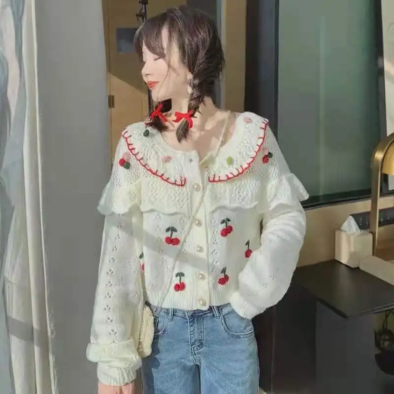 

Cute Sakura Knit Cardigan Women's Autumn and Winter Frill Short White Hollow Simple Top Sweet Girl Street Long Sleeve Jacket y2k