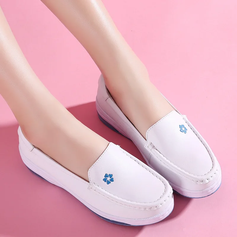 Genuine Leather Shoes Woman Flats Chunky Loafers Nurse Comfortable Shoes for Job Work Women Size 41 Slip on Platform White Shoes