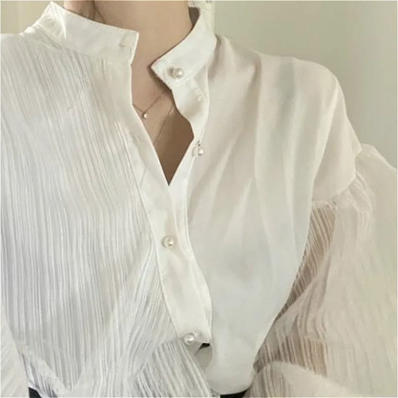 

Shirts Women Elegant Chic Summer Ins Mesh Patchwork Stand Collar Daily Casual Classy Loose Lady Tops and Blouses Lantern Sleeve