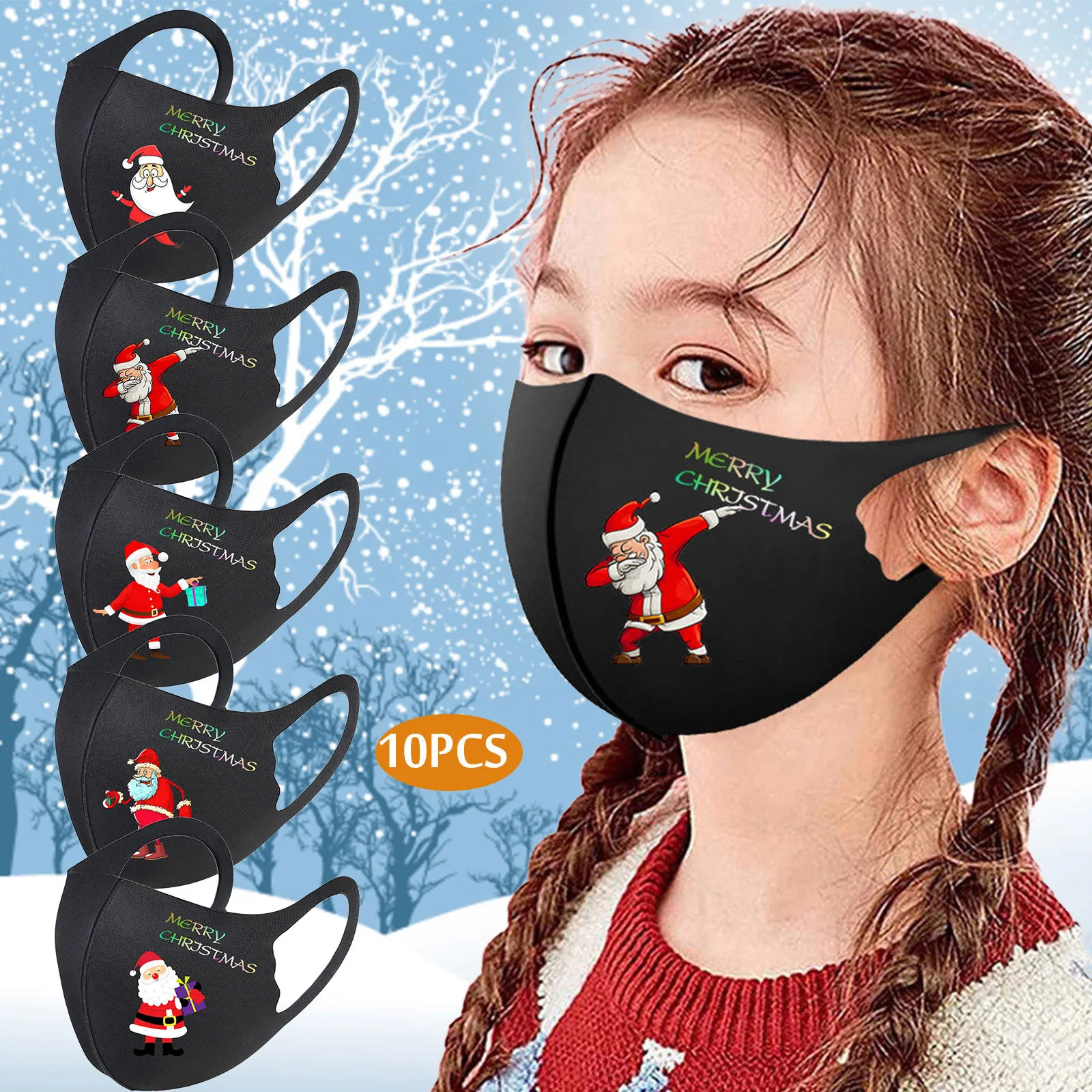 

10pc Kids Girls Xmas Face Mask Black Print Washable Cloth Mask For Child Girls Breathable Face Cover Vip Decoration