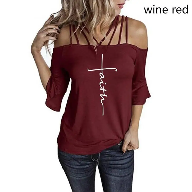 

New Fashion Summer Heartbeat FAITH T Shirt Women Casual Cotton Short Sleeve Girls Shoulder Sling Tee Tops Dropshipping