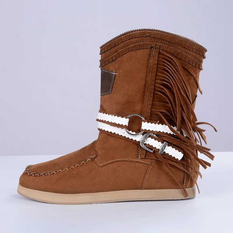 Бахромой ботинки средней высоты Для женщин пикантные сапоги с бахромой; модная обувь с пряжкой мотоботы плоская подошва ботинка Для женщин ковбойские Стиль Bota Feminina