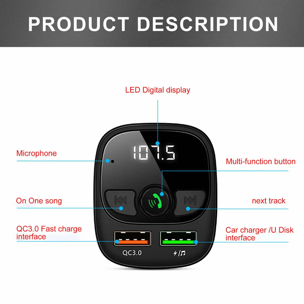 Bluetooth 5 0 FM передатчик Dual USB Зарядное устройство MP3 плеер Поддержка TF карты