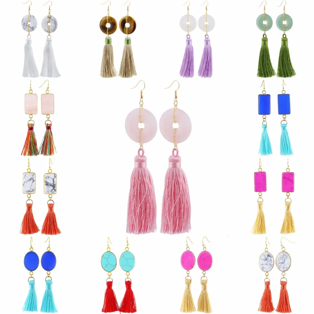 

TUMBEELLUWA Assorted Natural Crystal Stone Collocate Tassel Dangle Hanging Earrings For Women Bohemian Style