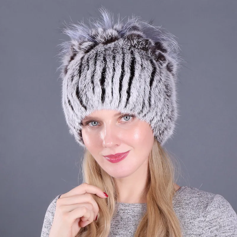 

Women's Bomber Real fur Hat for women Rabbit fur hats and fox fur Fluffy beanies fashion Knitted cap warm Protection Ear for wom