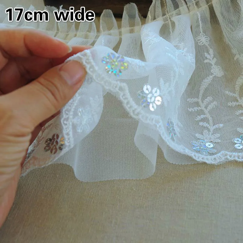 

17cm Wide White Mesh Embroidered Crumpled Sequins Lace Fabric DIY Wedding Dress Costumes Ladies Children's Clothing Skirt Trim