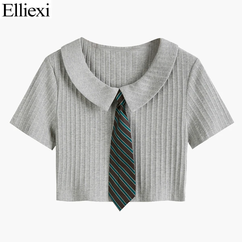 

Elliexi Polo Tshirt Women Knited Slim Crop Tops Tie Ribbed Stripe High street Summer Knit Female Tees Femme T-Shirt 2021 New