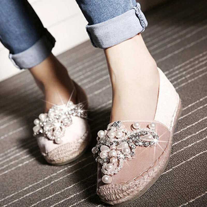 YAERNI 2021 Spring Autumn Women Loafer Round Toe Espadrilles Pearl Comfortable Hemp Bottom Shoes Slip On Zapato Mujer | Обувь