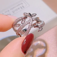 2021 new trend multilayer bow leaves ring for women silver plate zircon irregular engagement party christmas gifts jewelry