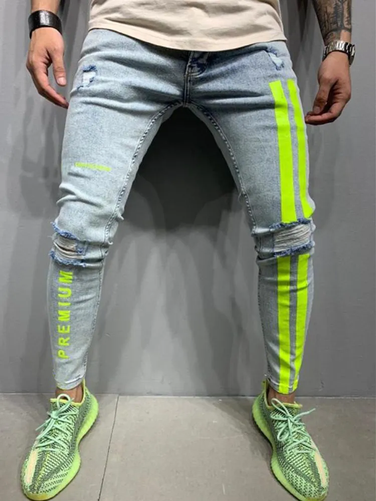 

Europe America Printed New Style Men's Jeans Slim Ripped Pencil Pants Fashion Vertical Stripe Oil Paint Denim Trousers