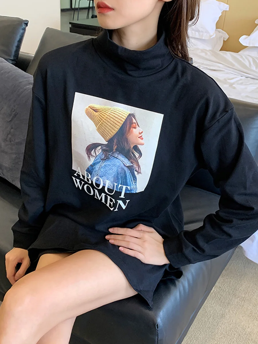 

New Elegant Fashion Women Spring Autumn Turtleneck Plus Velvet Base Shirt Loose Mid-length Long Sleeve T-shirt