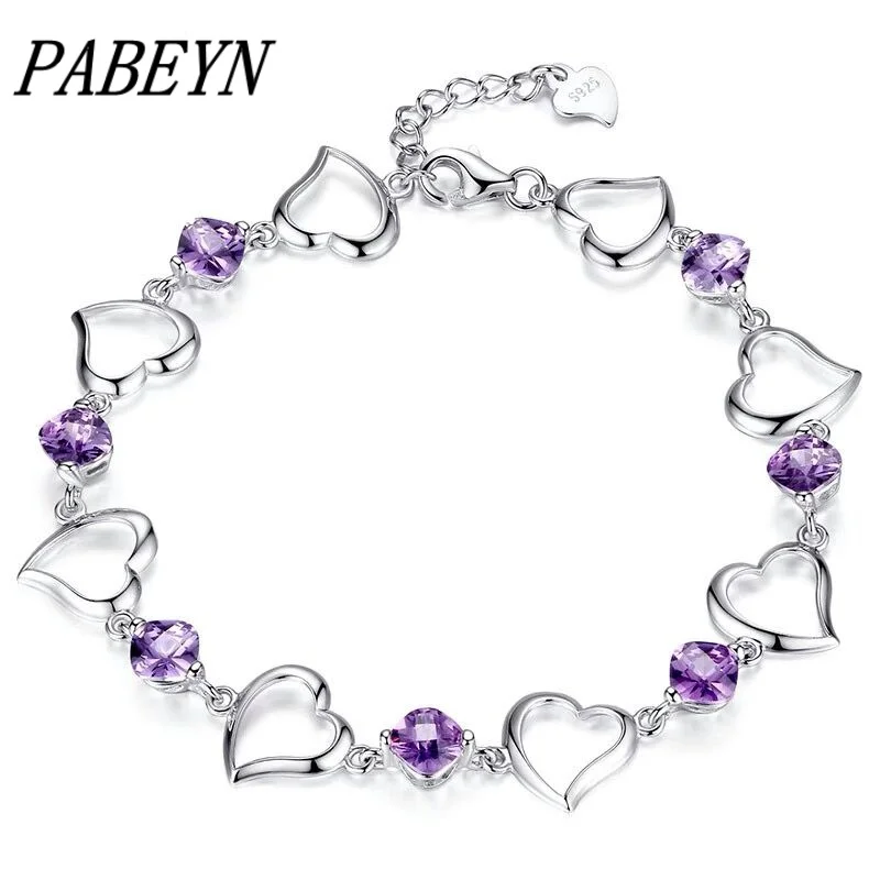 

PABEYN 925 Sterling Silver Bracelet Purple Crystal Zircon Heart Shaped Bracelet For Woman Charm Jewelry Gift