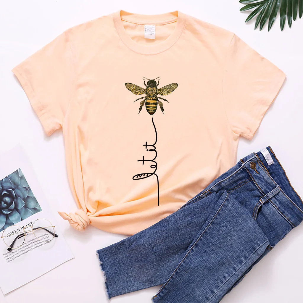 

New Summer Casual Women's Cotton t shirt Yellow Bee Print Short Sleeve T-shirt Women O-Neck Tops Loose Plus Size T-shirts