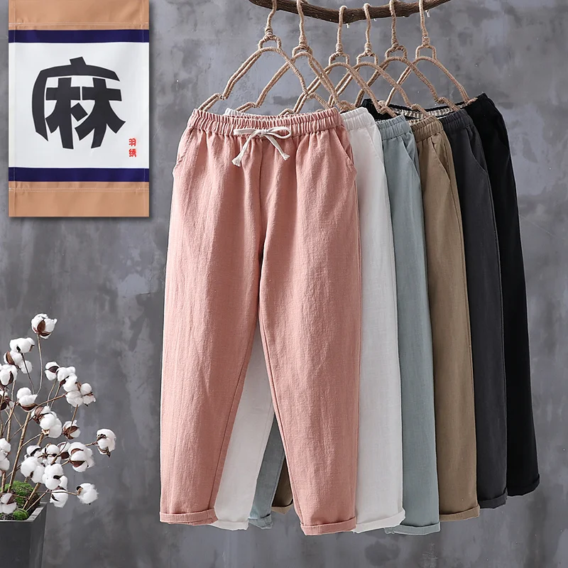 

Summer Pants for Women Vintage Casual Capri Pants Elastic Waist Cotton Linen Ankle-length Harem Pants Women's Wide Trousers
