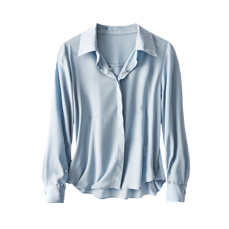 

SHUCHAN Back To The Basics Button Up Ladies Tops Long Sleeve Shirt Women New 2021 Autumn Natural Silk Shirt Light Blue