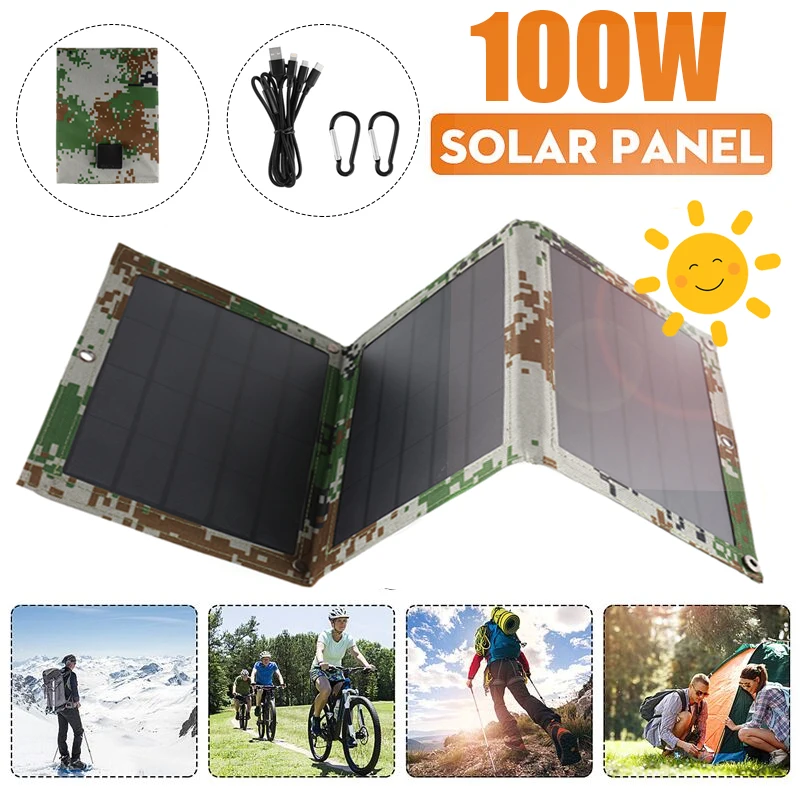 

Солнечная панель 100 Вт, складная, два USB разъема, зарядное устройство на солнечной батарее 4 в 1, водонепроницаемое, крепление на рюкзак, USB каб...