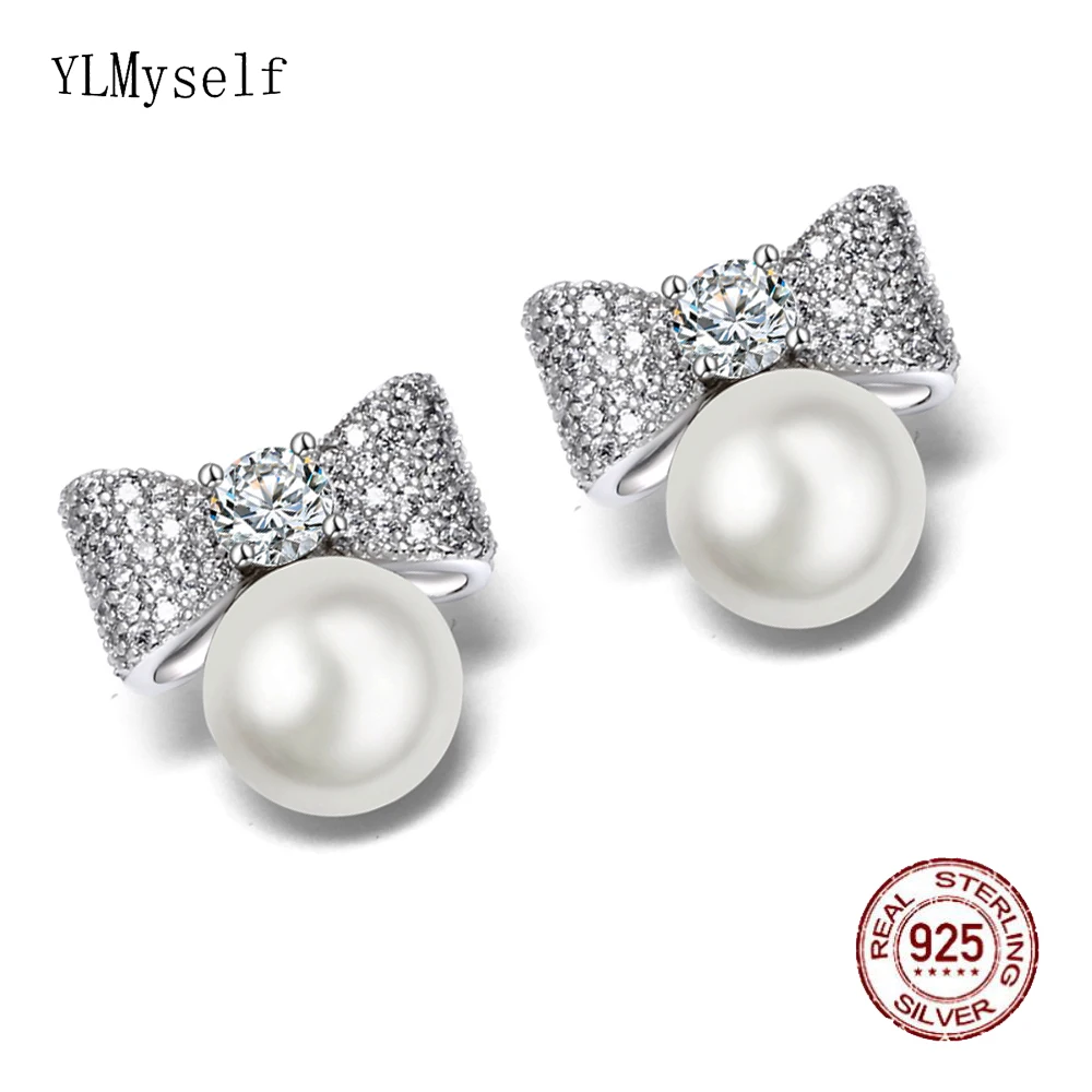 Серьги гвоздики из серебра 925 пробы с цирконием и жемчугом|Серьги-гвоздики| |