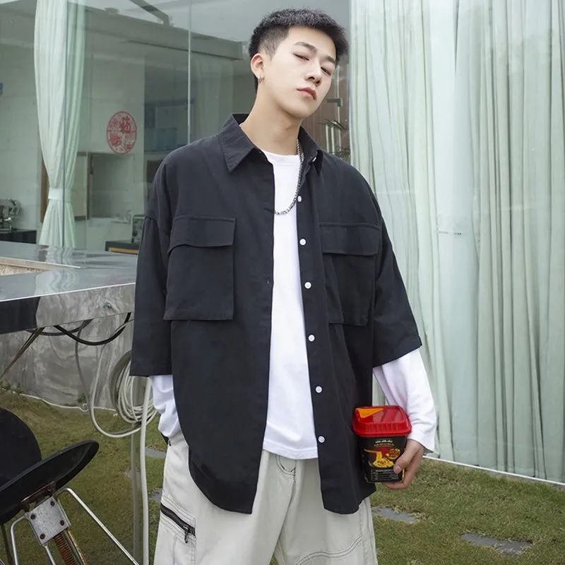 

Men's short-sleeved shirts, summer fashion casual tooling, solid color shirts, sleeves and Japanese loose coats