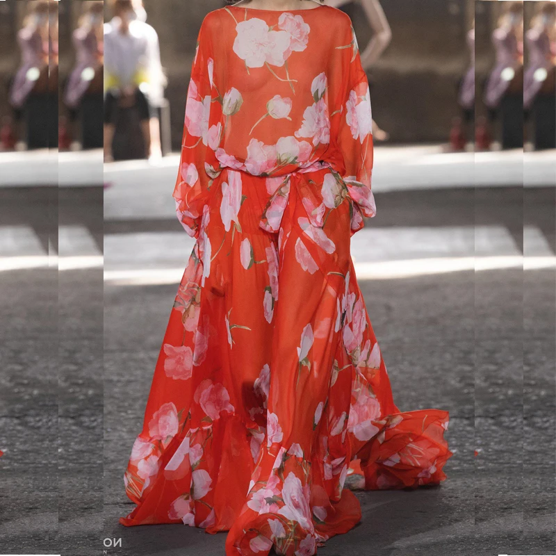 

Spring summer elegant women long dress red flower printed women maxi dress chiffon floor-length quality dresses oversized