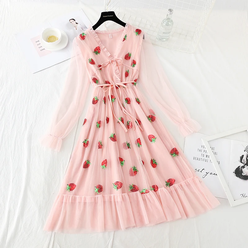 

Hstar Sweet Elegant Strawberry Mesh Women Summer 2021 Pink Beach Boho Midi Dress Ruffle Kawaii Korean Casual Party Clothing