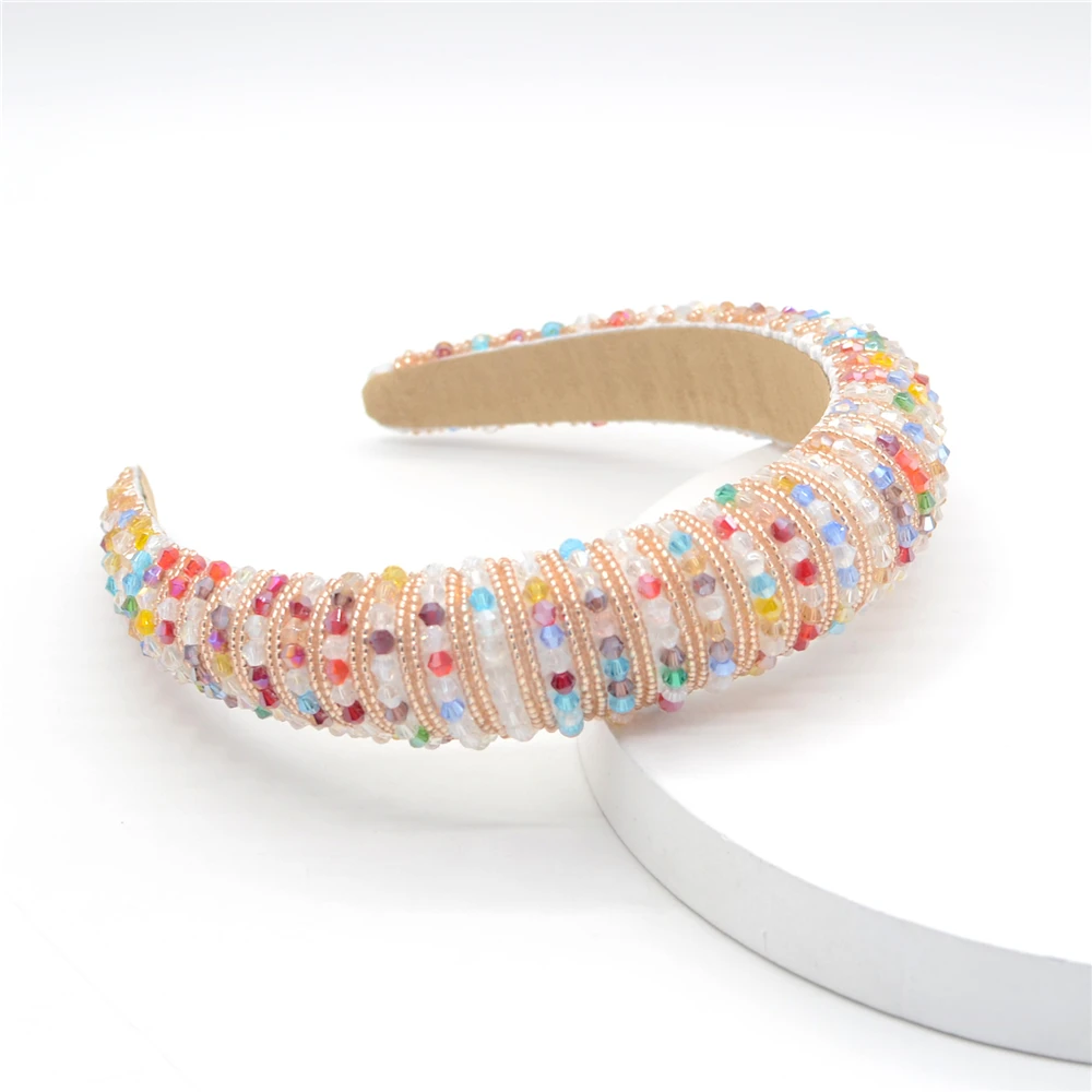 

European American Wide-sided Sponge Headband Baroque Rice Beads Woven Handmade Crystal Hairband Hair Hoops for Women Girls