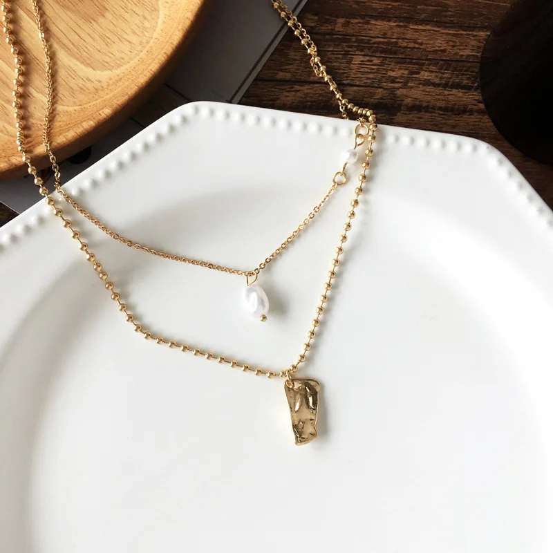 

Double Layered Gold Color Beaded Thin Chain Necklace for Women Ladies Irregular Geometric Metal Pendant Necklace Accessories