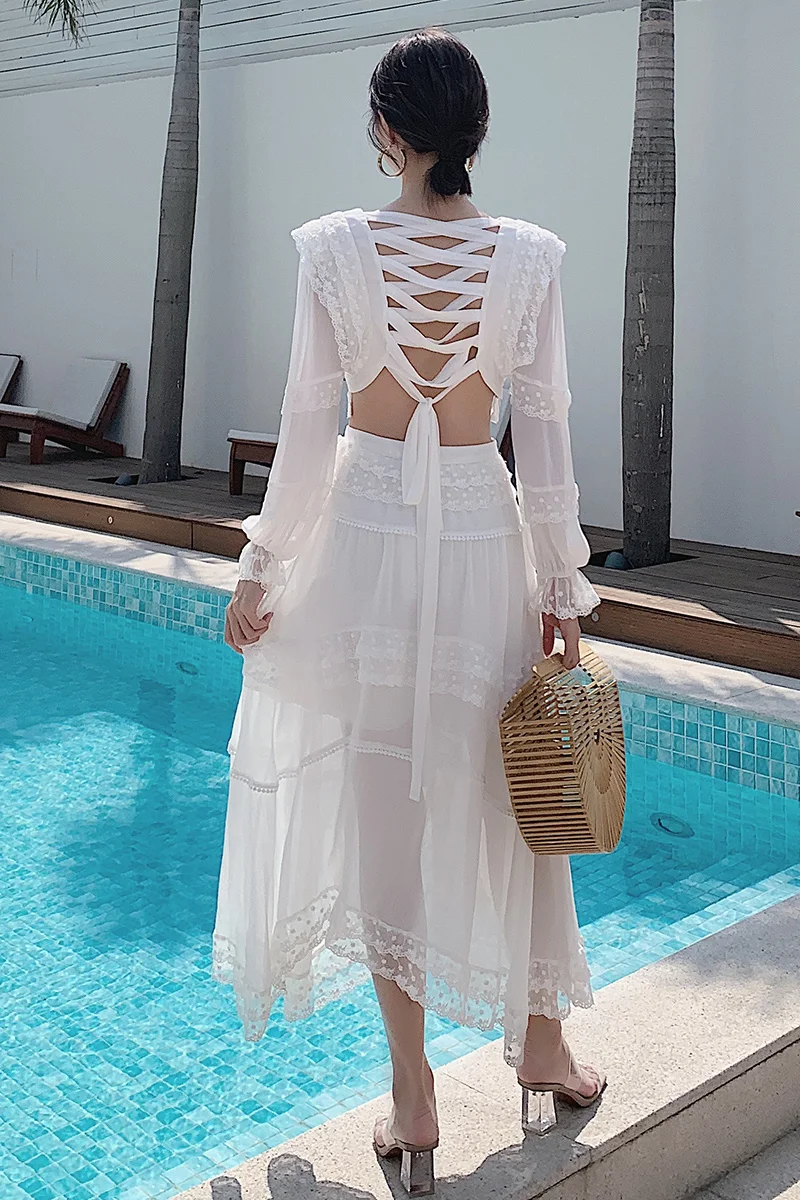 

Women Summer Dress Sexy Chiffon Long Sleeve Hollow out Bandage Back Ruched White Fairy Ladies Fashion Beach Holiday Dresses