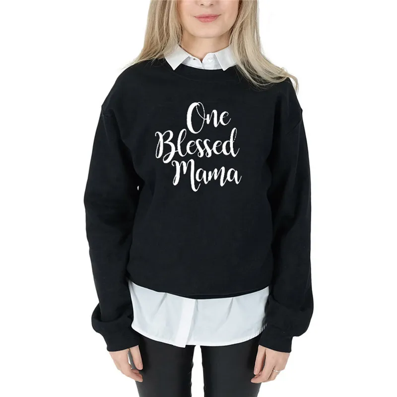 One Blessed Mama с буквенным принтом Kpop толстовки для женщин с круглым вырезом и длинным рукавом свитер в Корейском стиле пуловер уличная женская теплая верхняя одежда - Цвет: Черный