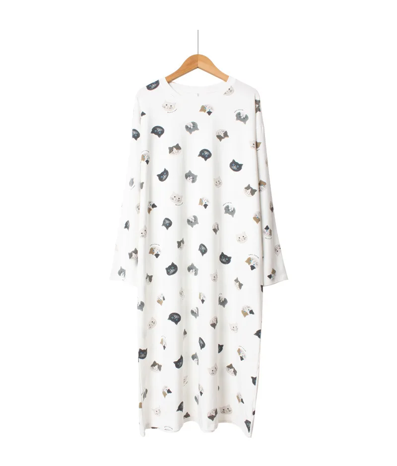 2021 Spring New Cartoon Loose Size Round Neck Nightdress Knitted Cotton Long Sleeve Long Skirt Household Clothes Can Be Worn Out