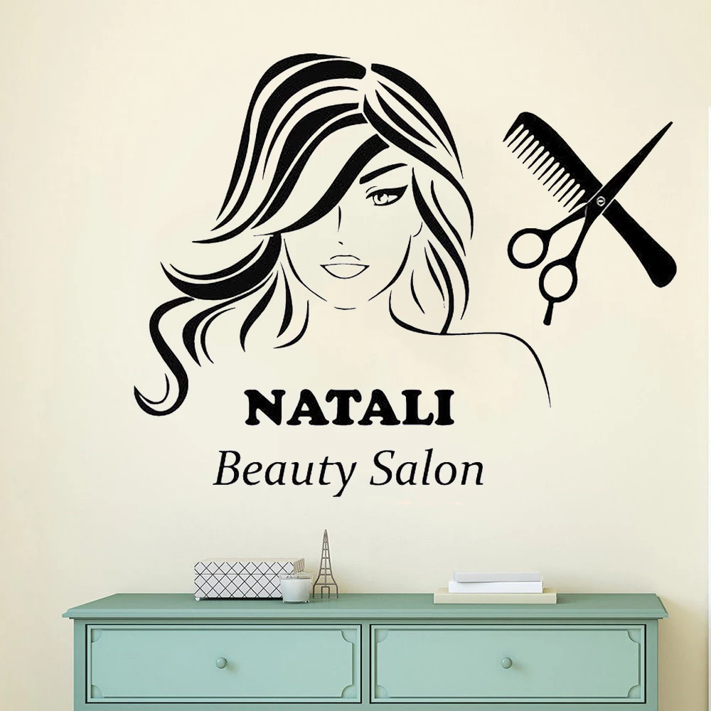 

Custom Name Wall Decals Beauty Hair Salon Decor Logo Lettering Scissors Girl Woman Vinyl Decal Sticker Interior Design yw100