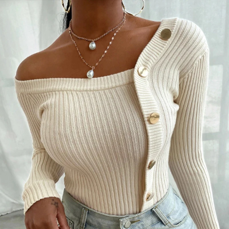 

Women's Sweater One Shoulder Slim Pullover Long Sleeve Solid Button Female Sweaters 2021 Spring Autumn Fashion Sexy Ladies Top