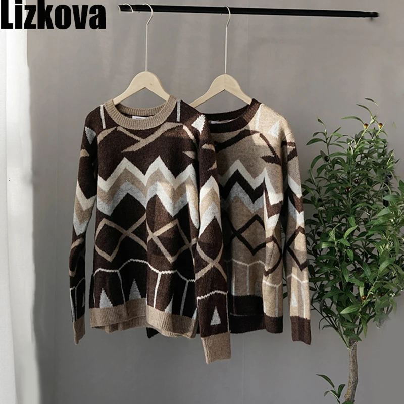 Зимние Джемперы Женский винтажный свитер с панелями бохо геометрический узор
