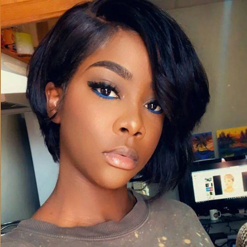 

Short Pixie Cut Human Hair Wigs Lace Part Straight Bob Wig Natural Black Brazilian Hair For Black Women Cheap Wigs